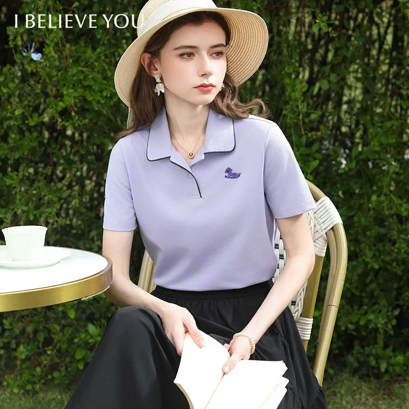 I BELIEVE YOU Purple Polo Shirt for Women 2026 Summer Horse Embroidery Short Sleeve Tees Casual Breathable Soft Top 2261016232
