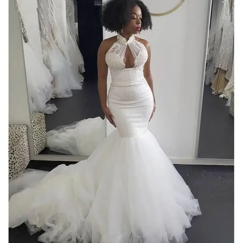 Customized Sexy High Neck Sleeveless Mermaid Wedding Dresses Sweep Train Lace Bridal Gowns Custom Made