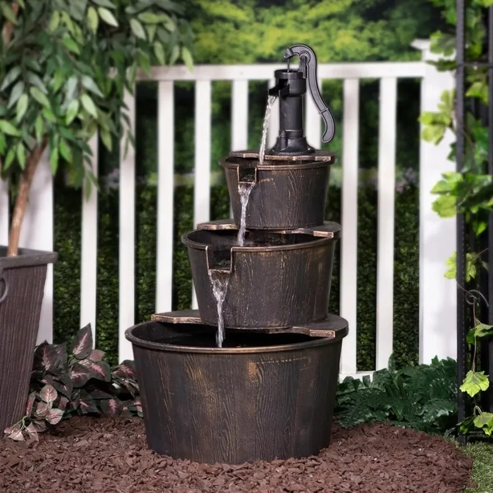 Outdoor Fountains  Floor Tiered Rustic Pump and Barrel Water , Old-Fashioned Waterfall, 40