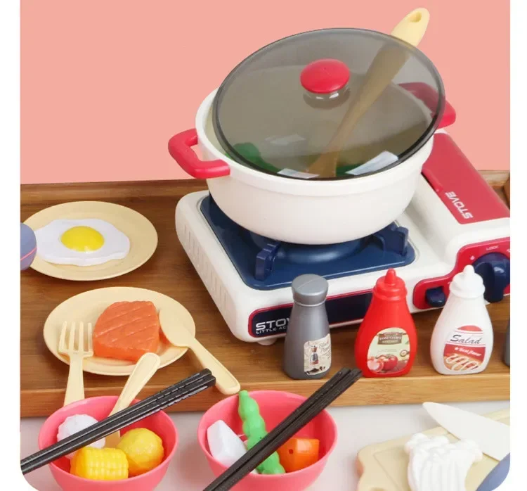 32pcs/set Simulate gas stove pot vegetable Meat music LED Lights kid kitchen toy set Play house Interactive Toy baby best gift