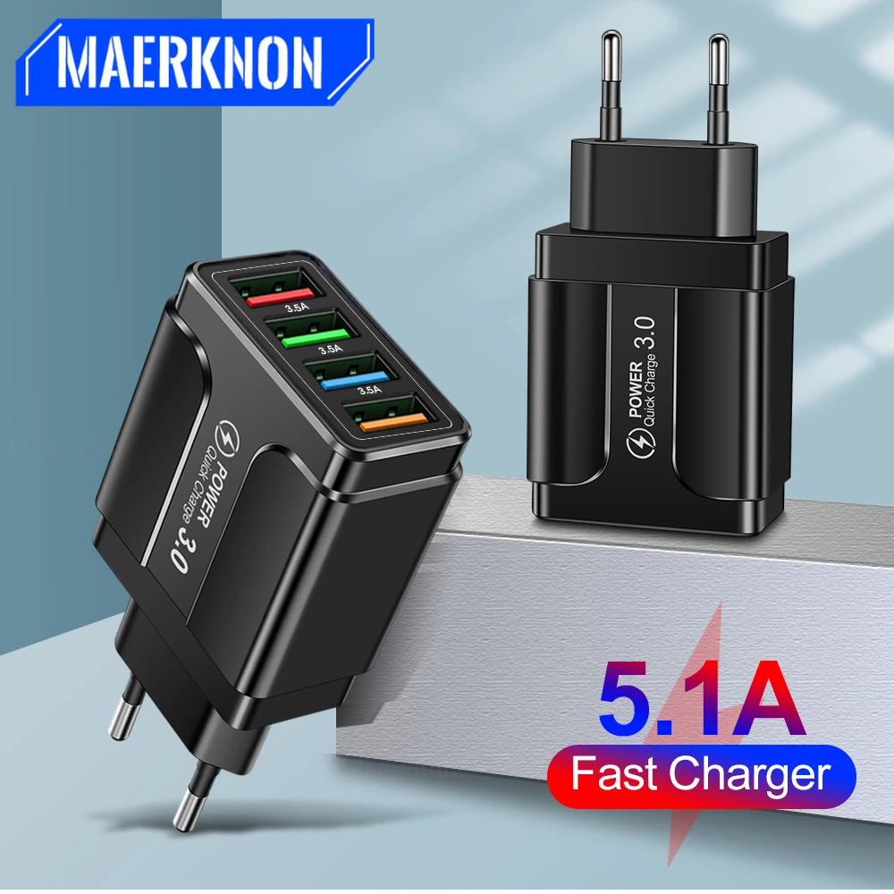 4 Ports USB Charger Quick Charge 3.0 4.0 Universal Wall Mobile Phone Fast Chargers For iPhone 13 Pro Max Tablets Fast Charging