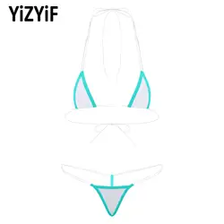 Damskie stylowe Mini mikro bikini zestaw kostiumów kąpielowych 2 szt. Halter Neck Backless biustonosz bez wkładek z Mini Trikini stringi stroje kąpielowe bielizna nocna