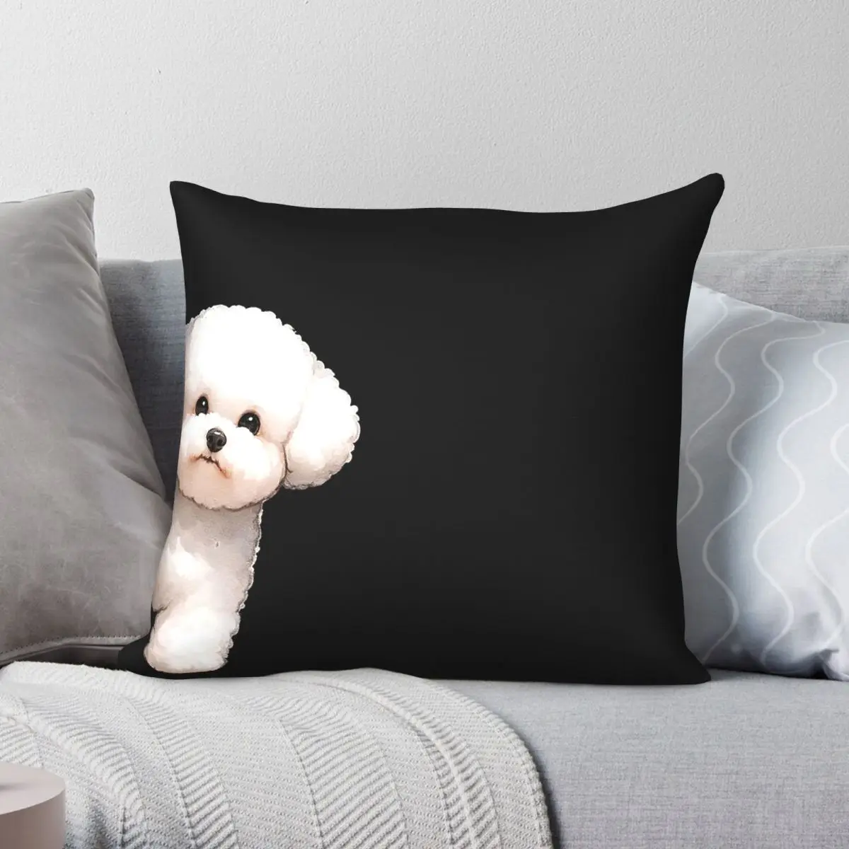 Peeking Bichon Frise Square Pillowcase Polyester Linen Velvet Pattern Zip Decor Throw Pillow Case Bed Cushion Cover