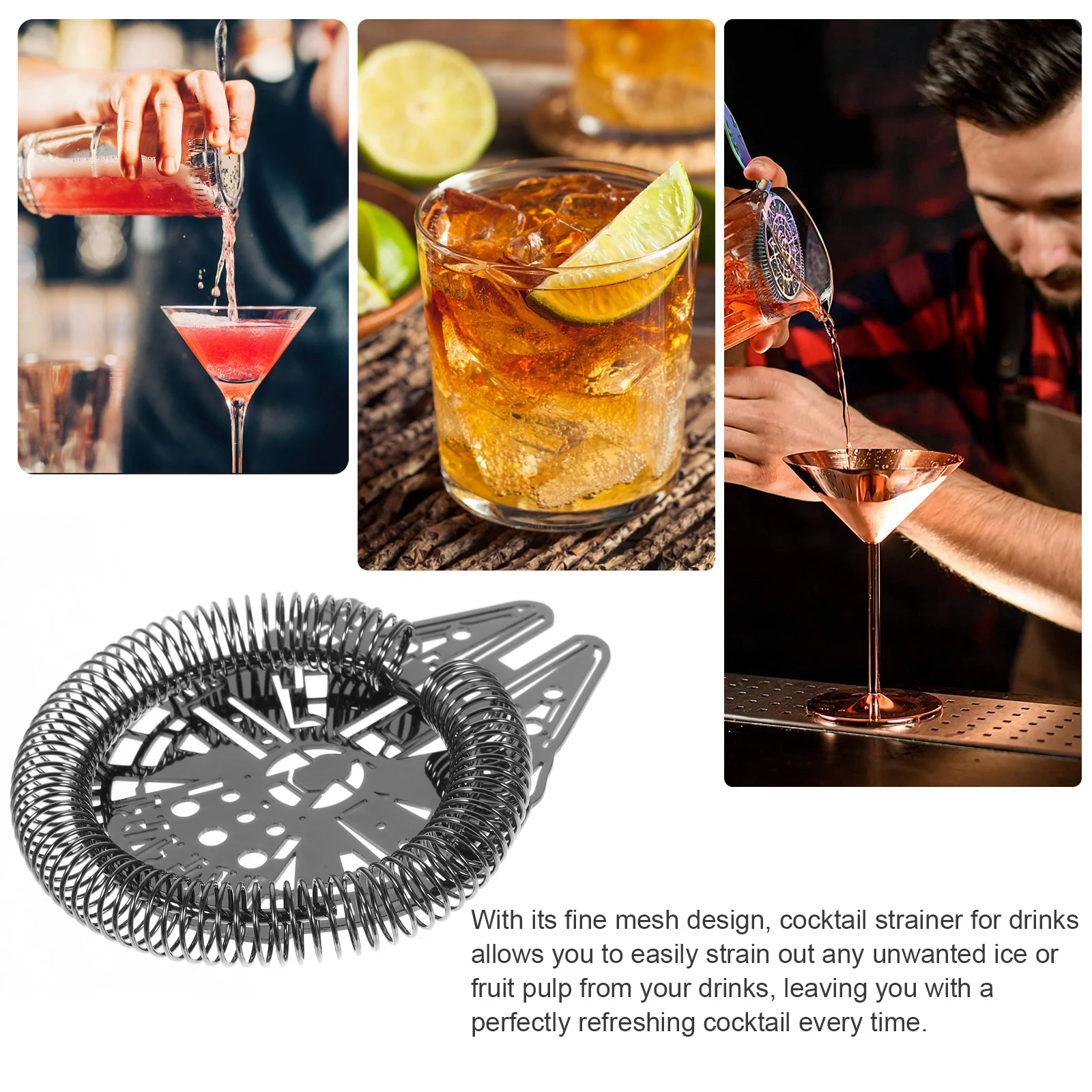 

Stainless Steel Cocktail Fine Mesh Bar for Drinks Reusable Metal Drink Strainer Ergonomic Design Easy to Clean for Home Bar