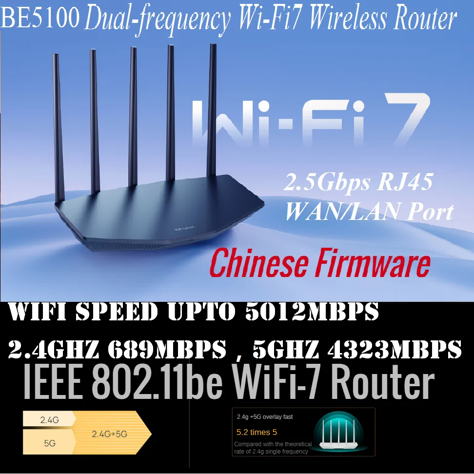 

2.5Gbps RJ45, IEEE 802.11be WiFi-7 Router BE5100 WiFi7 Wireless Mesh Router Dual-frequency Wireless Router 2.4G 689M, 5G 4323M