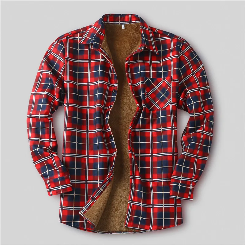 Winter camisas de hombreMens Plaid Flannel Shirts Thick Fleece Jacket Quilted Lined Long Sleeve Red Checkered Shirt