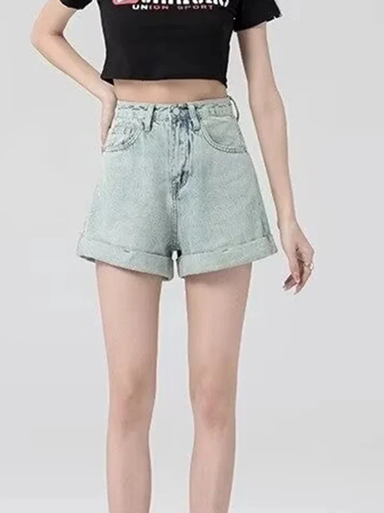 Korean Fashion Light Blue Loose Rolled Edge Versatile Spicy Girl Shorts Summer New Casual Women High Waisted A-line Denim Shorts