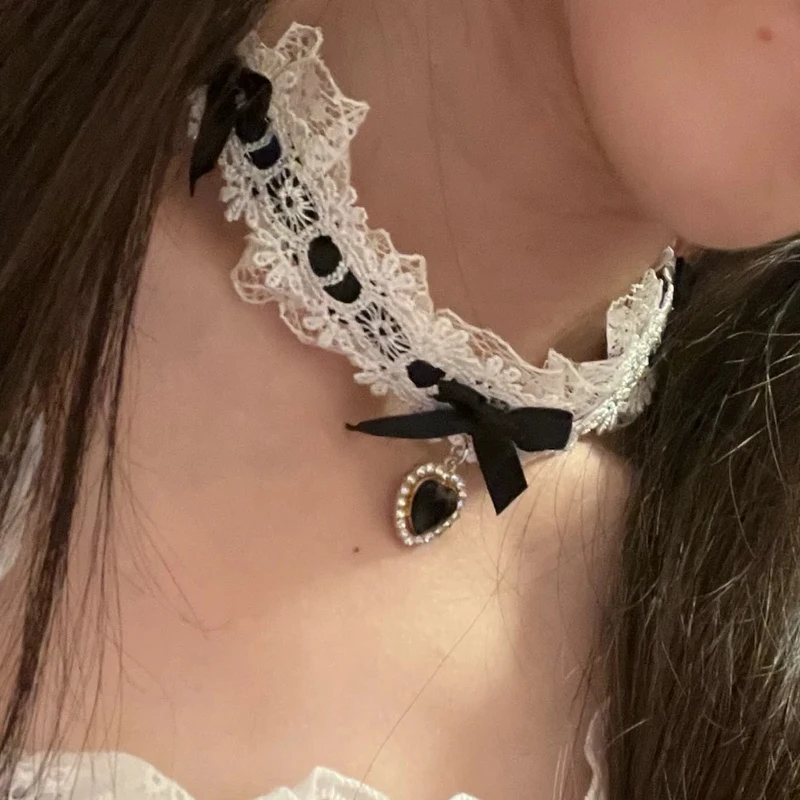 Bowknot Lace Heart Women Choker Collar Sweet Charms Pendants Necklace Dancing Jewelry Wedding Party Decor Cosplay Collar Chains