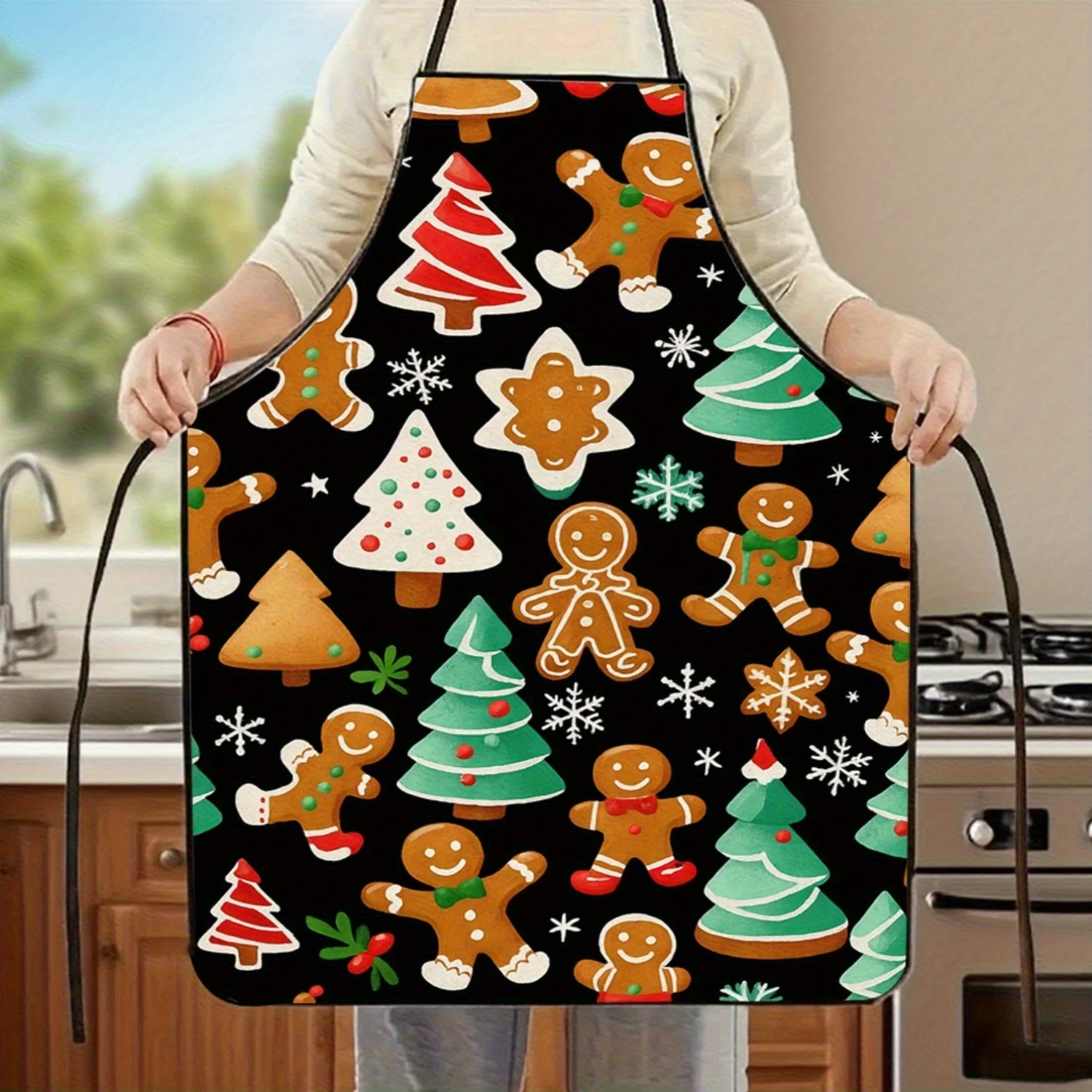 1pc 2D Festive Gingerbread Apron, Gingerbread Men Snowflake Candy Cane Pattern, Unisex Polyester Apron for Holiday Cooking