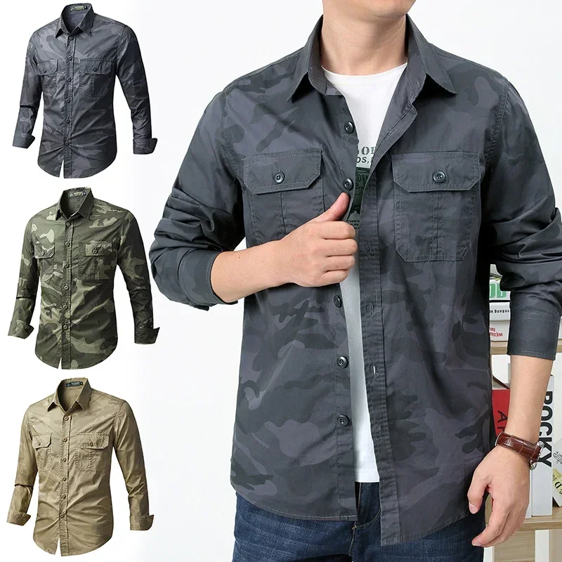 

Oversized Men Shirts Camo Military Shirts Long Sleeve Social Formal Shirt Blouses Male Quick Dry Work Cargo Shirt Men Clothing