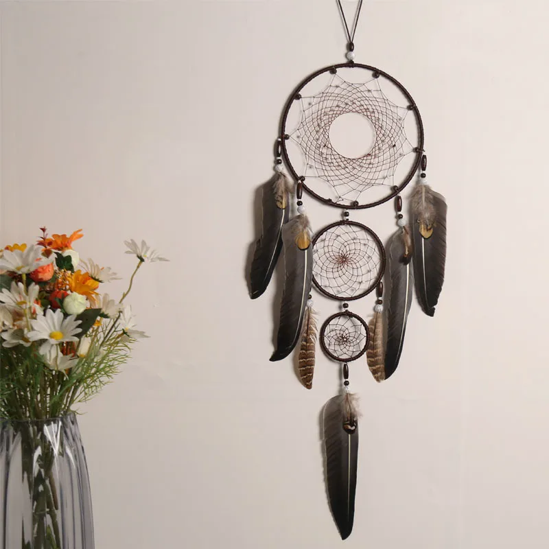 Large Size Coffee Color Three Ring Dream Catcher Home Decor Wall Hanging Feathers Dream Catcher Ornament Modern Minimalist Style
