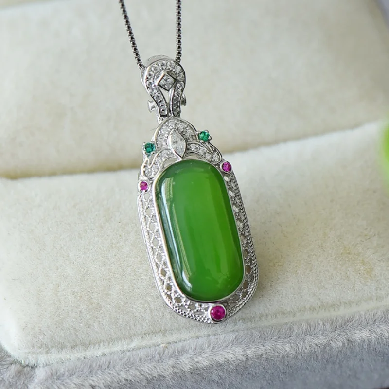 SGARIT Authentic Jadeite Hetian Jade S925 Silver Inlay 12*32mm Rectangle Pendant Vibrant Green Fine Texture Fashion Versatile