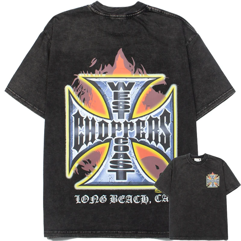 

Summer 2026 New Washed West Coast Choppers Men Women Short Sleeve Washed Print Tops Black Pure Cotton T-Shirt Casual Tee