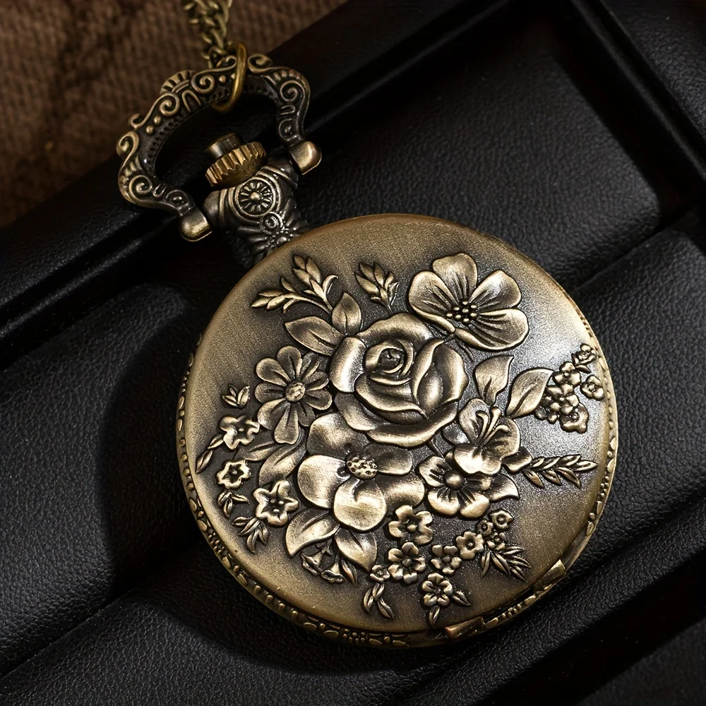 Vintage Pocket Watch 3D Rose Flower Punk Bronze Quartz Pocket Watches with Necklace Chain Leisure Pendant Gift Exquisite Clock