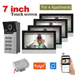 New 7 Inch WiFi Video Intercom for 2~4 Apartments Door Access Control System Tuya Smart APP Remote Unlock,Call / Touch Screen