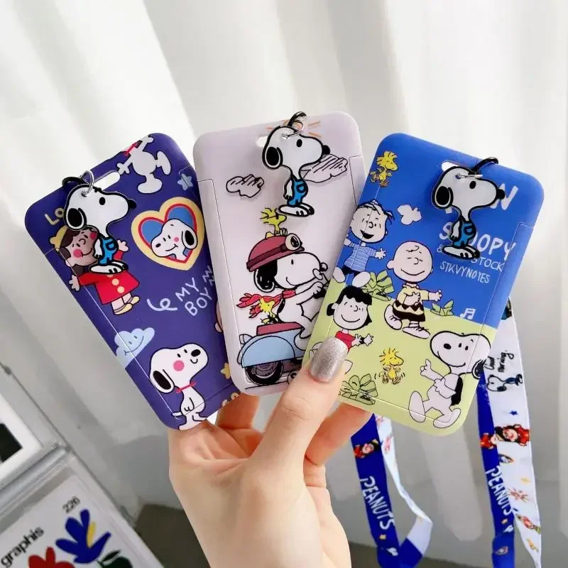 Kawaii Cute Snoopy Card Holders Hanging Rope Badge Holder Neck Strap Door Badge Id Card Case Sliding Telescopic Gifts For Girl