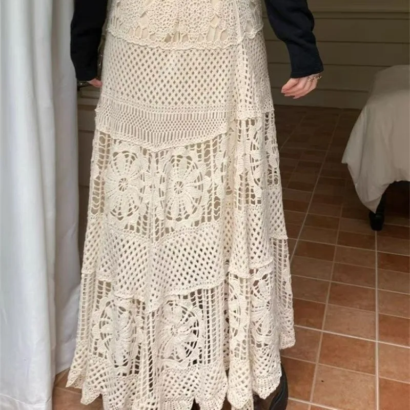 Boho Crochet Hollow Out Lace A-Line Skirt High Waist Elastic Band Long Length Bodycon Fall Chic 2025 New