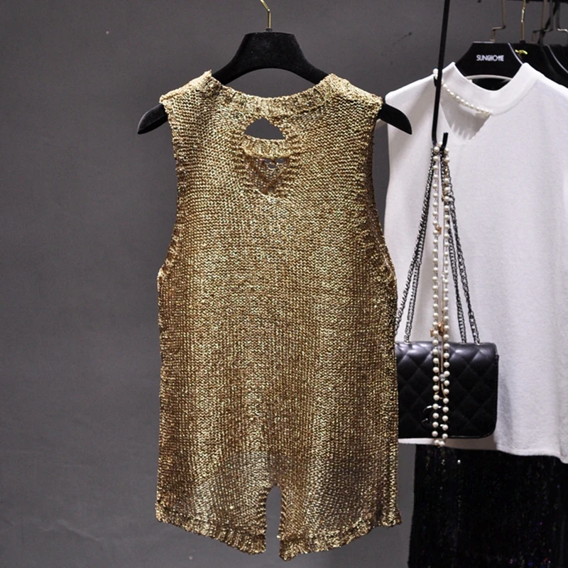 Sexy Hollow Out Round Collar Split Sequins Condole Belt Vest Perspective Sequined Sleeveless Blouse Tank Top Woman