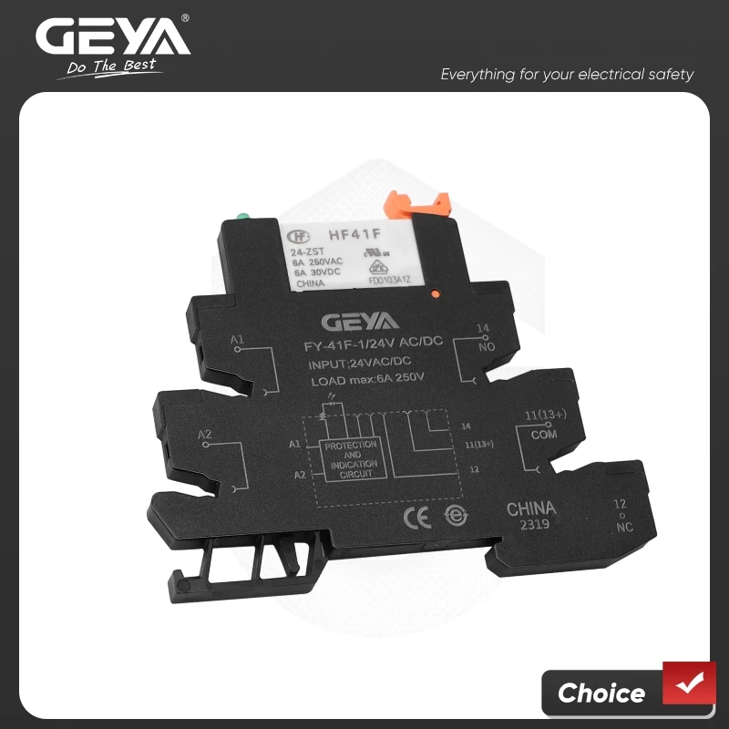 5 SZTUK 10 SZTUK Moduł przekaźnika GEYA na szynę DIN, cienki, HF-41F, zintegrowany przekaźnik mocy do montażu na PCB, 12V 24V 48V 110V 230V z gniazdem przekaźnika 6,2 mm