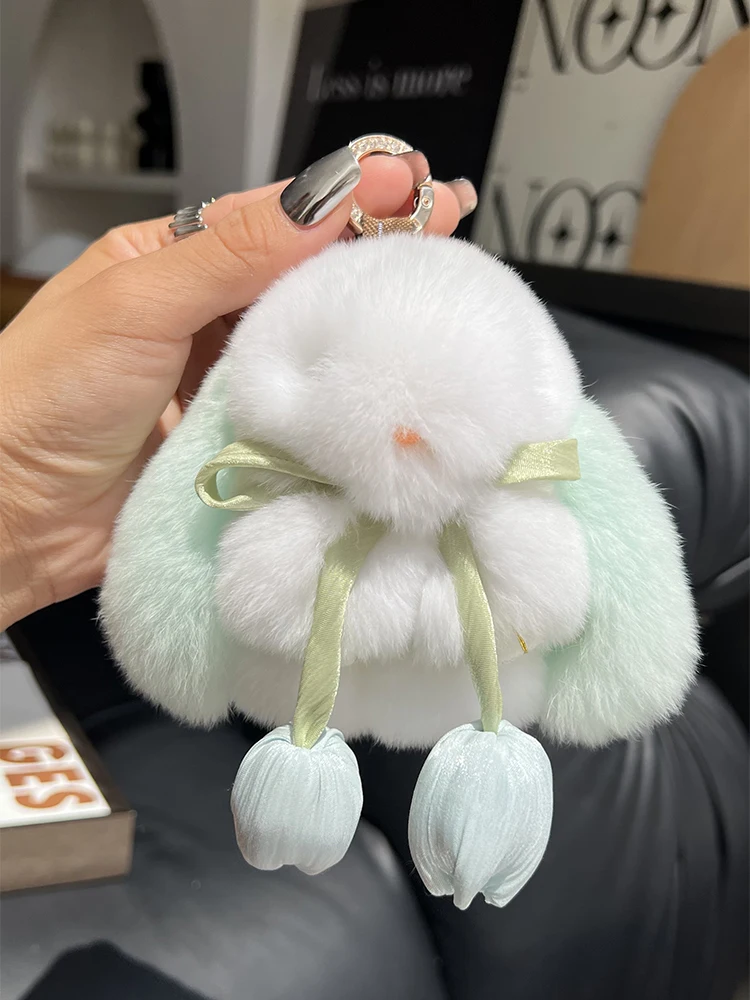 Cute Real Rex Rabbit Fur Keychain Mini Bunny Pendant Women Bag Charm Car Key Ring Ornaments Girl Plush Toy Trinkets Classic Gift