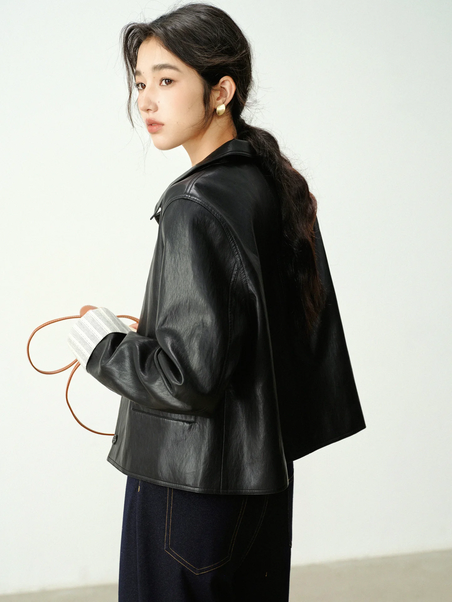 Vintage PU Leather Jacket for Women Short Loose Fit Coat Autumn Casual Turn Down Collar Outerwear Fashion Cropped Motorcycle Top