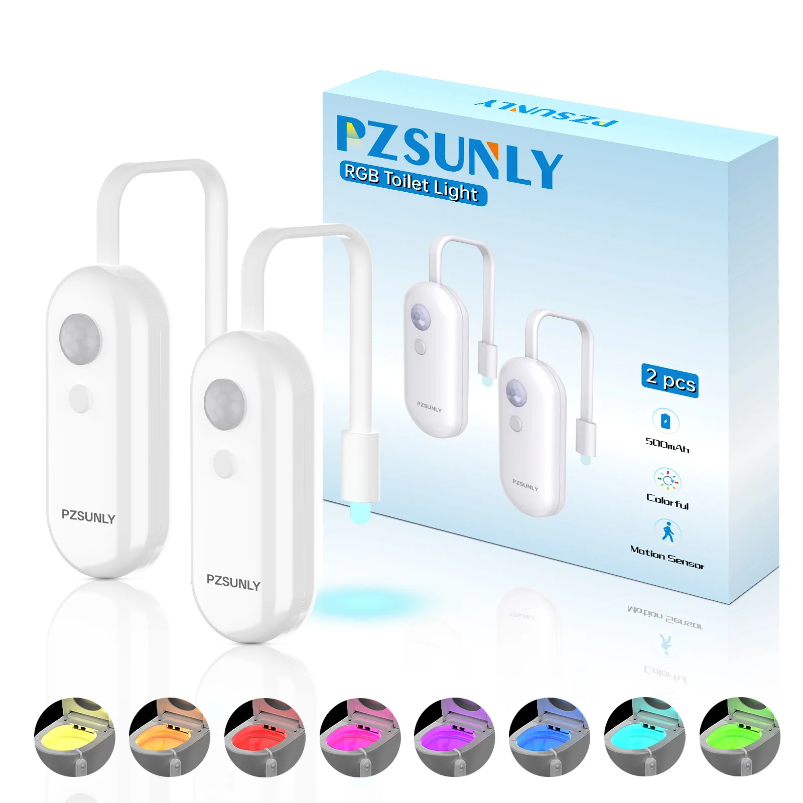 

PZSUNLY ночник с датчиком движения, интеллектуальный светильник для унитаза RGB, 8 цветов, для украшения ванной комнаты, перезаряжаемый светодиодный светильник, 2 шт.