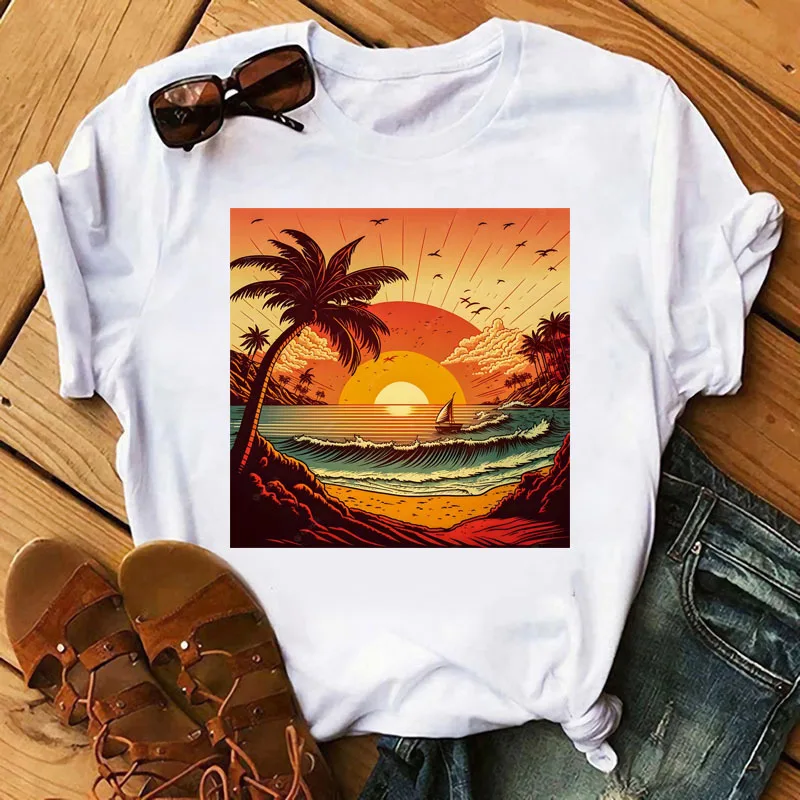 Romantic Island Beach Sunset and Sunrise DTF Sticker Heat Transfer Clothing Sticker Ironing DIY T-Shirt Washable Vinyl Patch