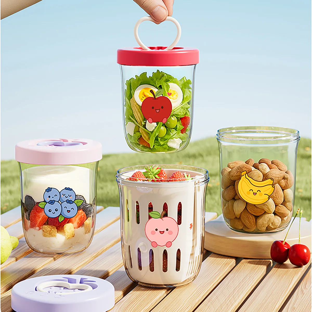 WORTHBUY Portable Oat Container Double-Layer Drain Fruit Cup Reusable Leak Proof Plastic Salad Cup Breakfast Cup With Fork&Handl