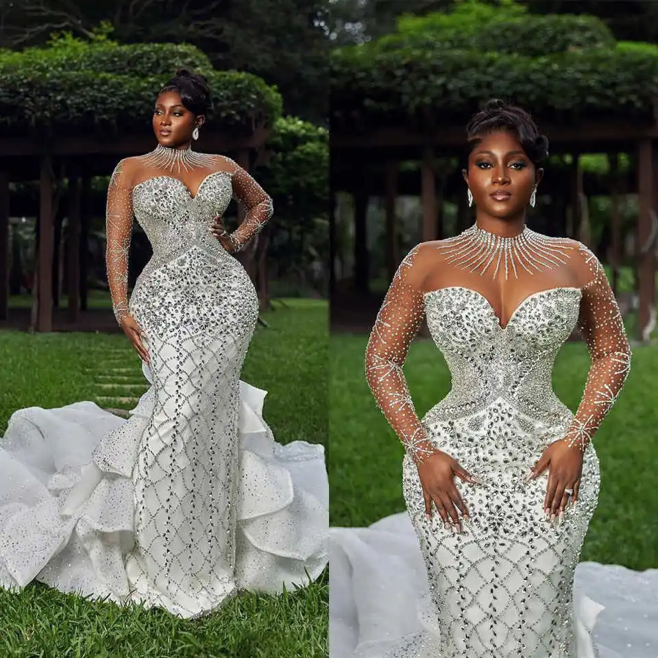 Luxury Mermaid Wedding Dress O Neck Long Sleeve Crystal Beaded Bride Gowns Tiered Sweep Train Tulle Bridal Dresses Customized