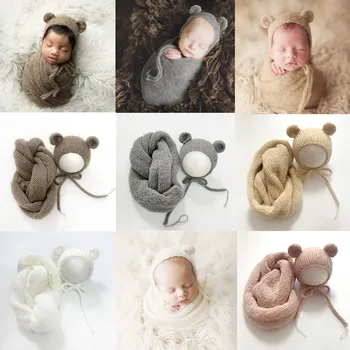❤Baby Photography Clothing Set, Cute Knit Bear Hat and Wrap, Photo Props Acessórios, Shoot Clothes, Studio Outfits, 2Pcs