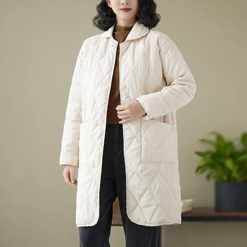 Pop Popแฟชั่นเสื้อแจ็คเก็ตผ้าฝ้ายบางผู้หญิงกลางความยาวน้ําหนักเบาฤดูหนาวOuterwearแฟชั่นฤดูใบไม้ผลิฤดูใบไม้ร่วงผ้าฝ้ายปักเป้าPa