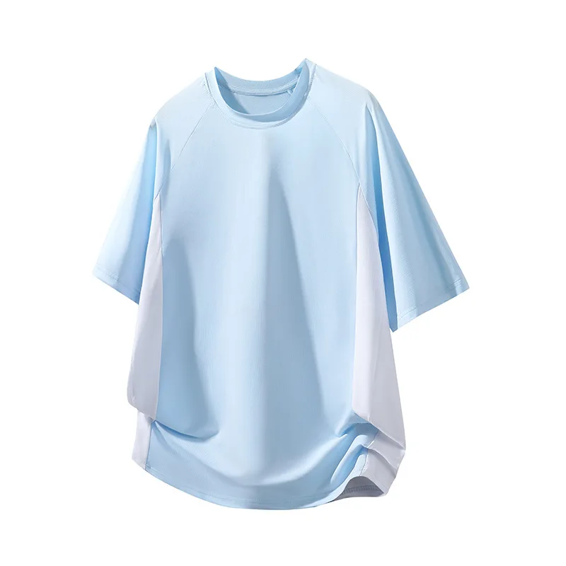 L-4XL Summer Short Sleeve Running T-shirt Patchwork Mesh Hollow Out Breathable Mens Tees Unisex Fashion Lightweight Sports Tops
