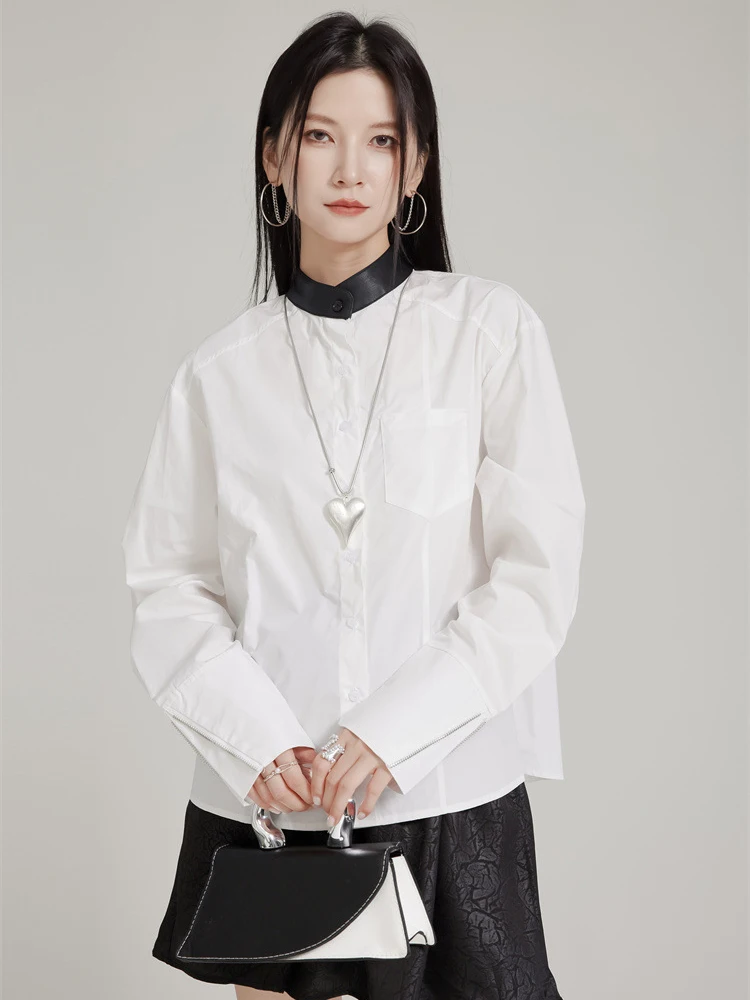 Women White Pu Leather Color-block Big Size Blouse New Stand Collar Long Sleeve Shirt Fashion Spring Autumn