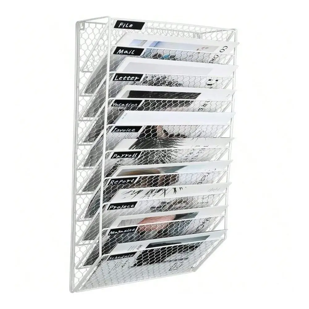 

Office Storage10 Pockets Wall File Holder Wall Mounted Mail Sorter Organizer Metal Chicken Wire Hanging Magazine Rack, White
