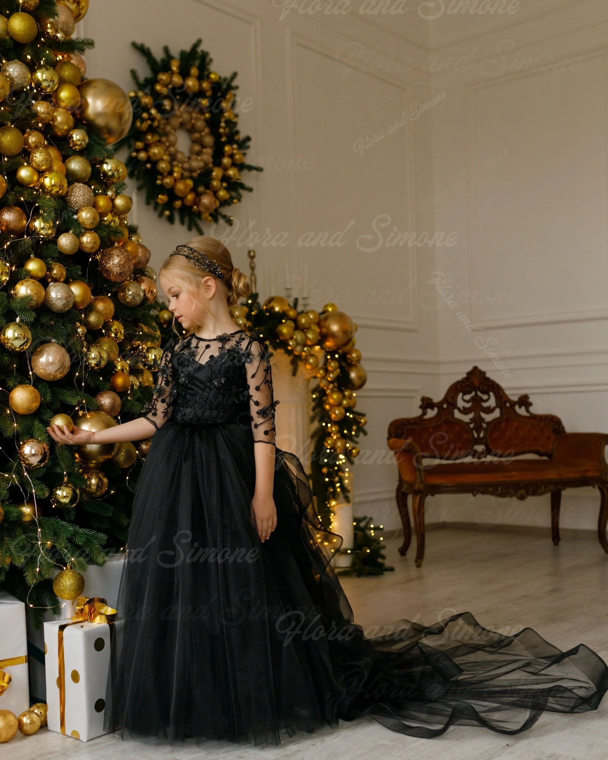 customized Fluffy Long sleeves Bow Shiny Elegant Princess Dress Flower Girl Dress for Wedding Ceremony birthday gift Christmas