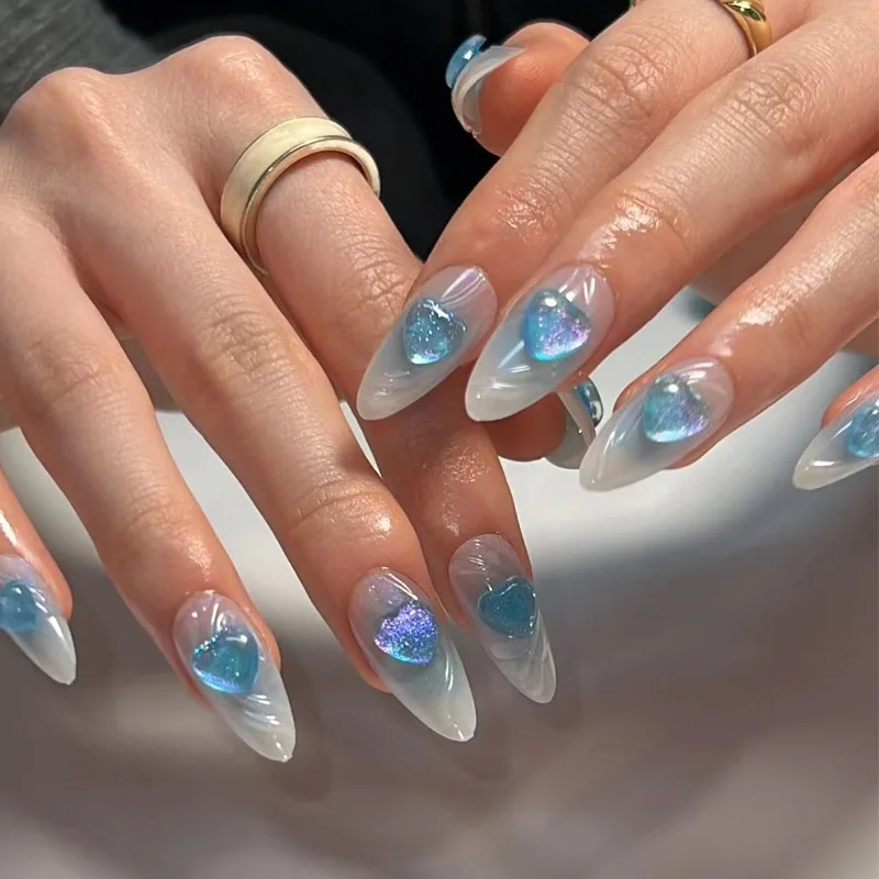 

24Pcs Fake Nails 3D Blue Heart Gradient Almond Shape Minimalist Press-On Nail Tips Perfect Gifting for Girls and Friends