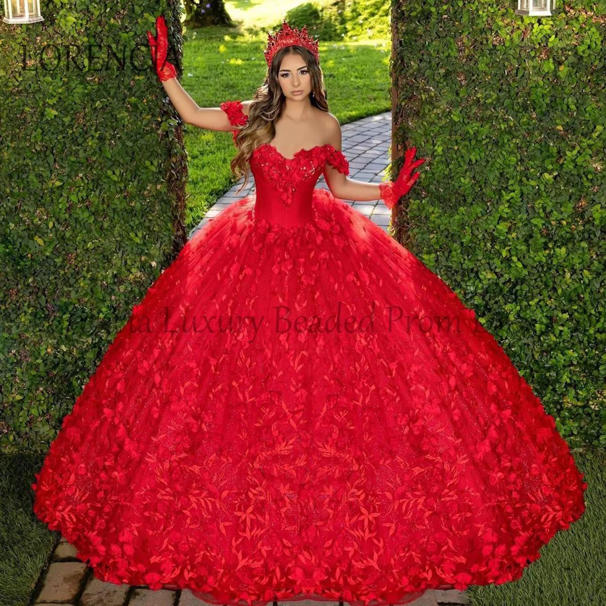 

Red Sparkly 2024 Quinceanera Dresses Off Shoulder Lace Appliques Off The Shoulder Crystal Flowers Formal Vestidos De XV Anos