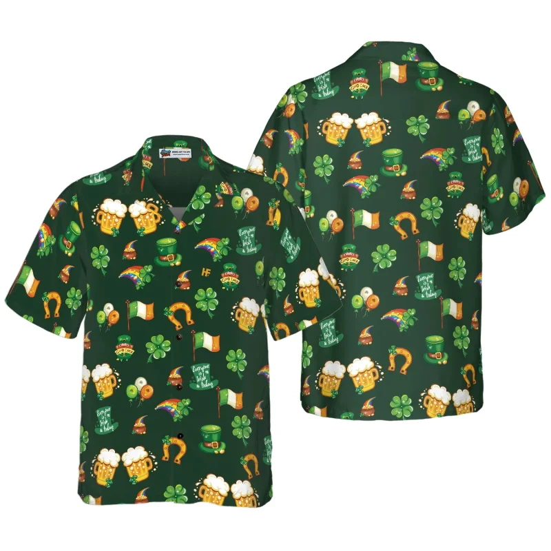 All Over Print Four Leaf St Patrick's Day Hawaiian Shirts For Men Short Sleeve Casual Festival Beach Shirts Camisas Hombre