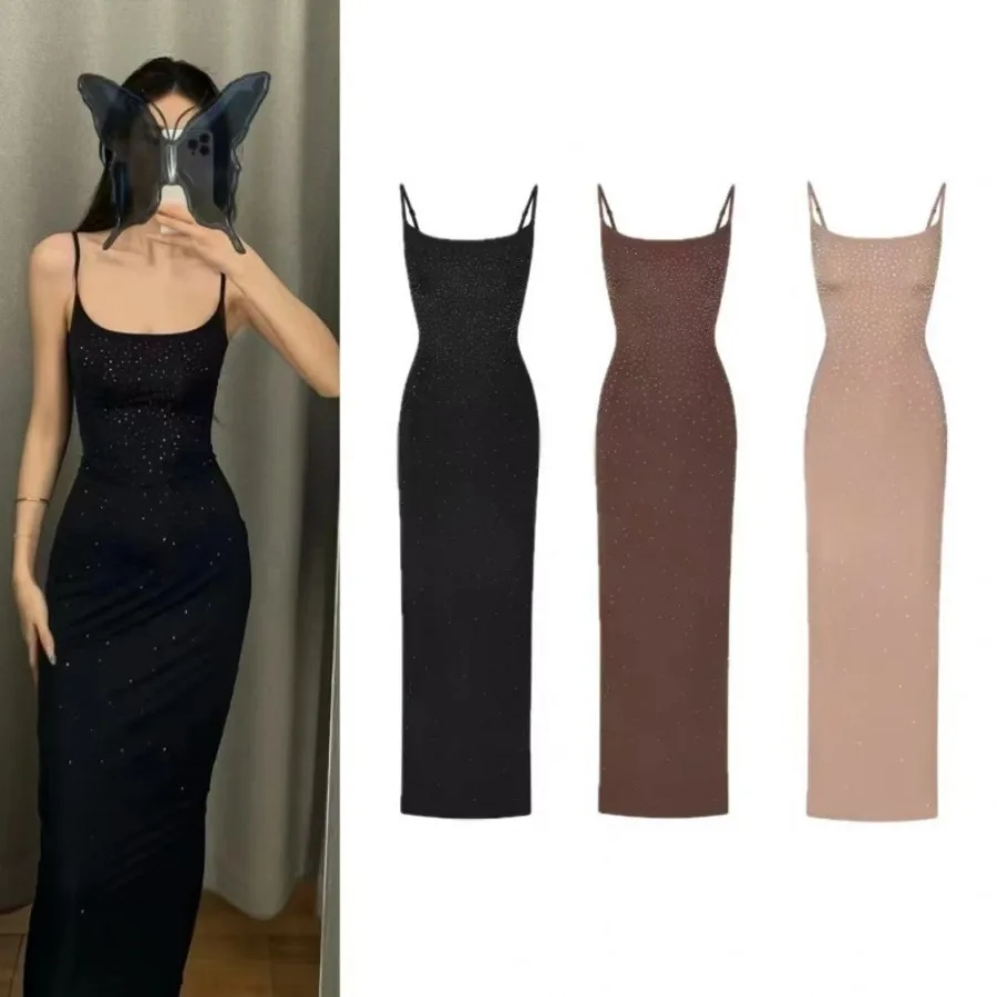 

【New style】Skims Kardashian sexy backless hot drilling dress skirt zipper can be opened slit pocket hip sling skirt
