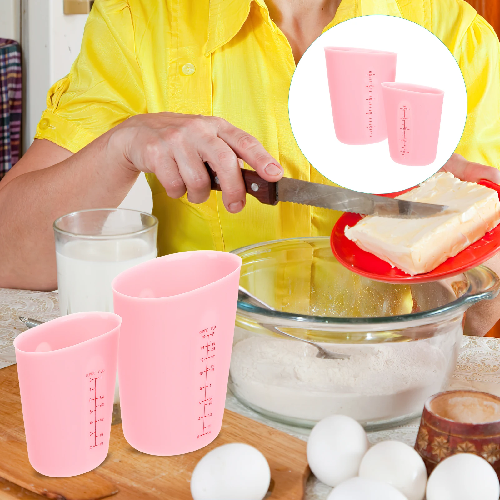 

2pcs Silicone Measuring Cups Oil Containers Liquids Dry Measure Kitchen Tools Reusable Wide Mouth Flexible Body Graduated Scale