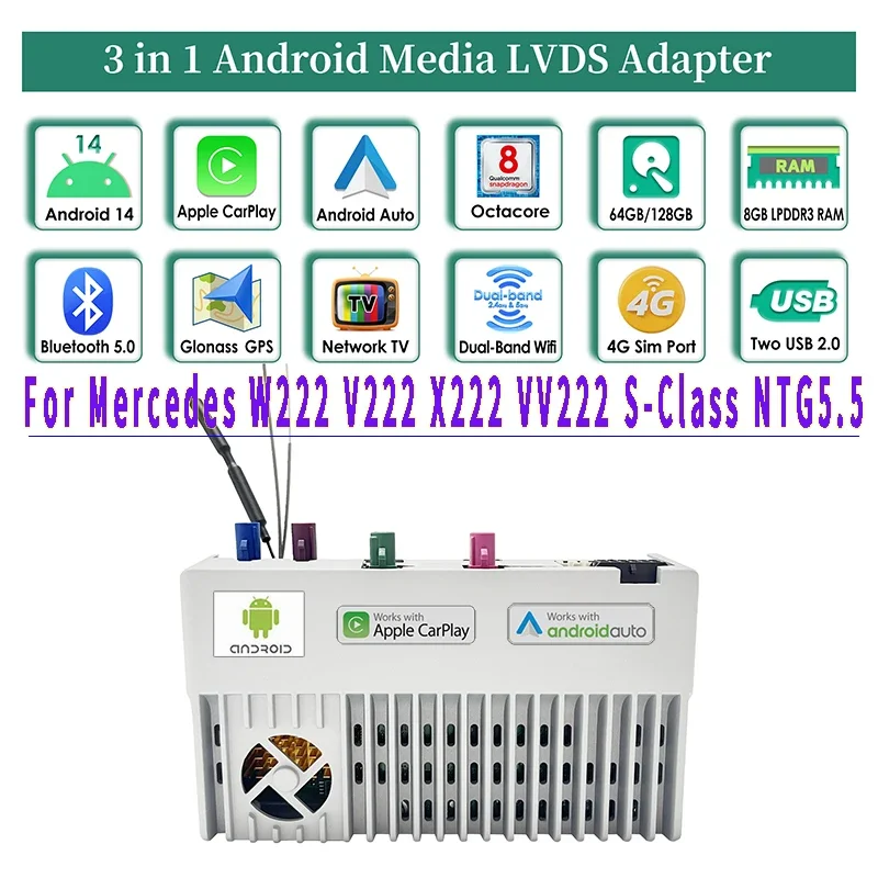 Dual System Android 14 Decoder for Mercedes W222 V222 X222 VV222 S-Class with Wireless Carplay And Android Auto Mirror Full Scre