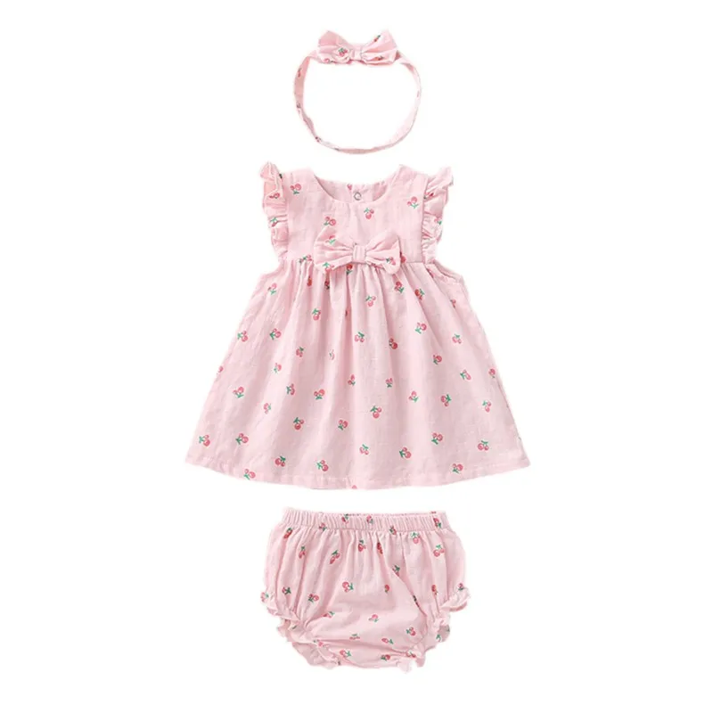 Girls Floral Bow Sleeveless Dress Set Baby Dress Triangular Pants Hairband 3 Pieces Set 0-2 Years Female Baby Summer Dresses