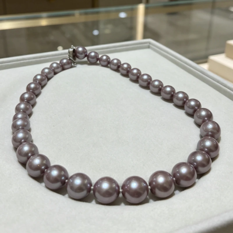 Natural 12-14mm Light Purple Pearl Necklace, Single Strand, Genuine Round Beads, 925 Sterling Silver