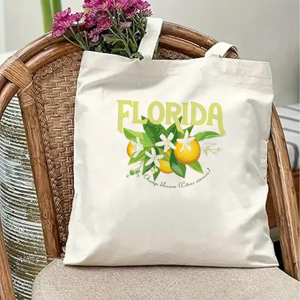 Retro Florida Canvas Tote Bag Vintage Orange Blossom Citrus Print Sunshine State Beach Vacation Shoulder Handbag Pack