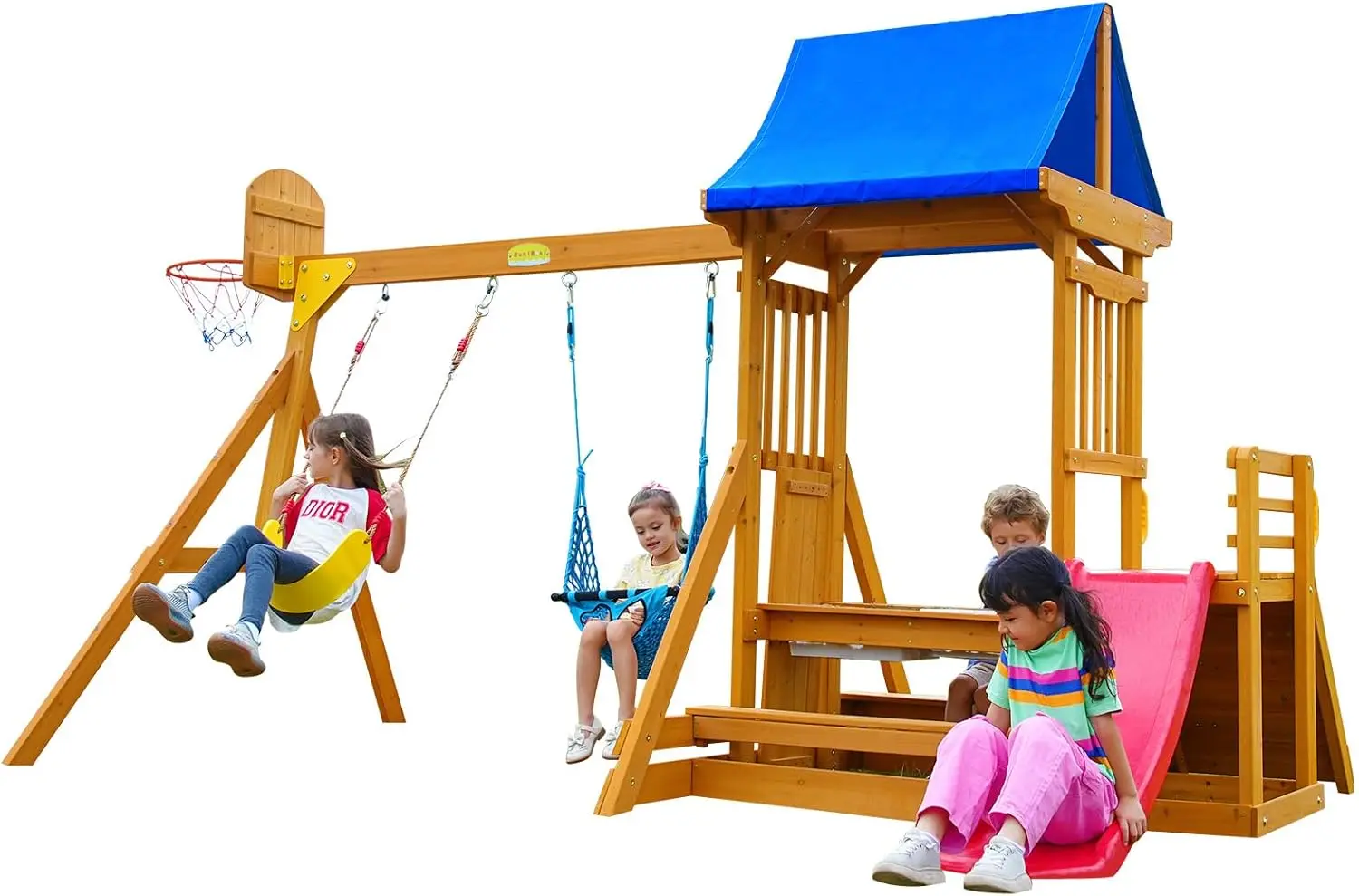 Kids Swing Sets for Backyard, Wooden Playground Sets for backyards with a Wave Slide, Rock Climbing Wall, 2 Swings, and More,6-i