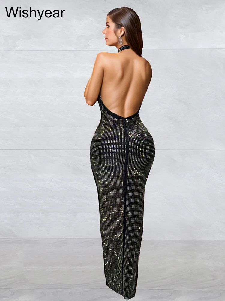 Wishyear Elegant Luxury Wedding Guest Evening Long Dress Women Black Backless Bodycon Rhinestone Birthday Party Pdrom Clubwear