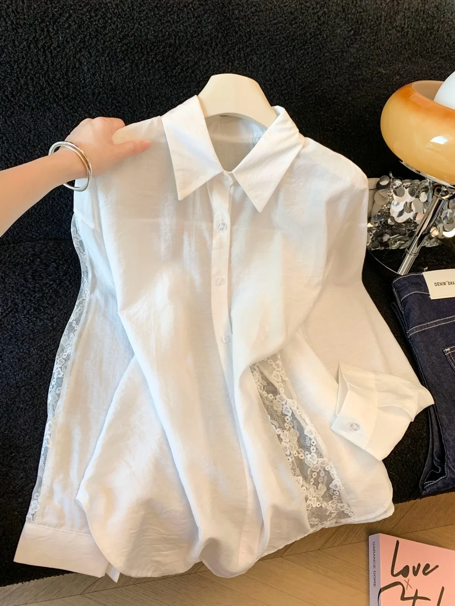 

Lace Splice Sun Protection Shirt Women's Long Sleeve Spring Summer Thin Loose Open Cardigan Commute White Top Korean Style