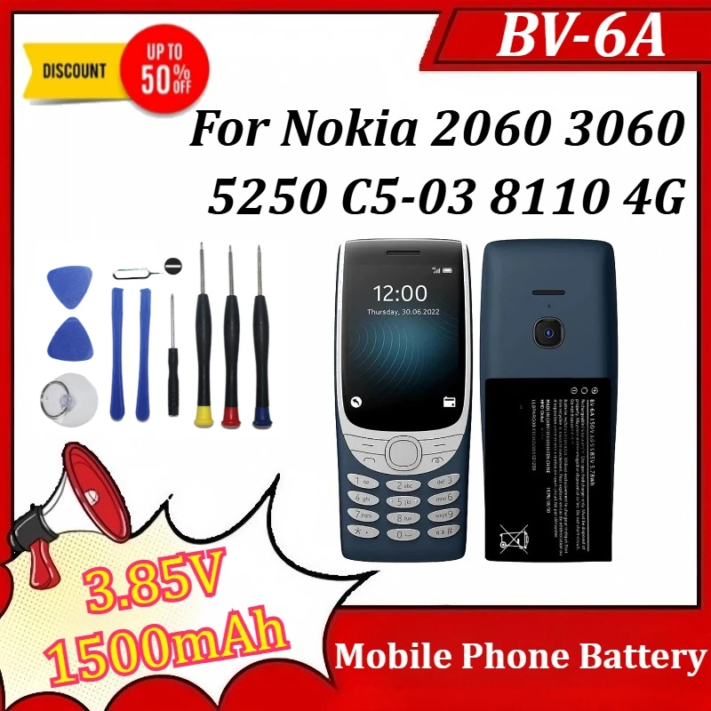 

BV-6A 3.85V 1500mAh Mobile Phone Battery for Nokia 2060 3060 5250 C5-03 8110 4G +Tools