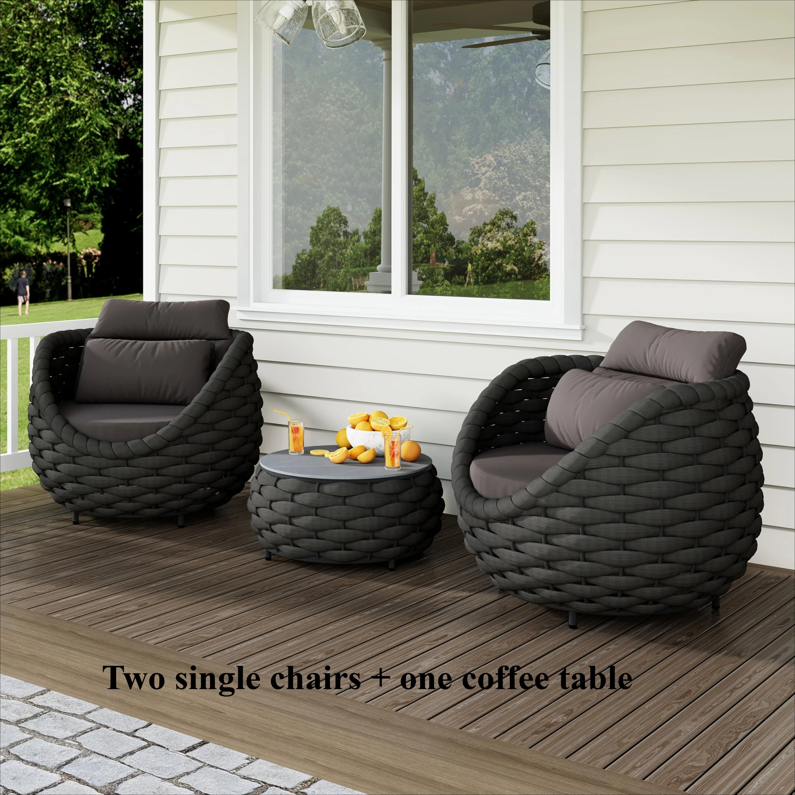 Tuinstoelenset van geweven touw, aluminium tuinmeubilair, 2-delige set met kussens, fauteuil en tafel, geschikt voor balkon, tuin, veranda, zwembadterras