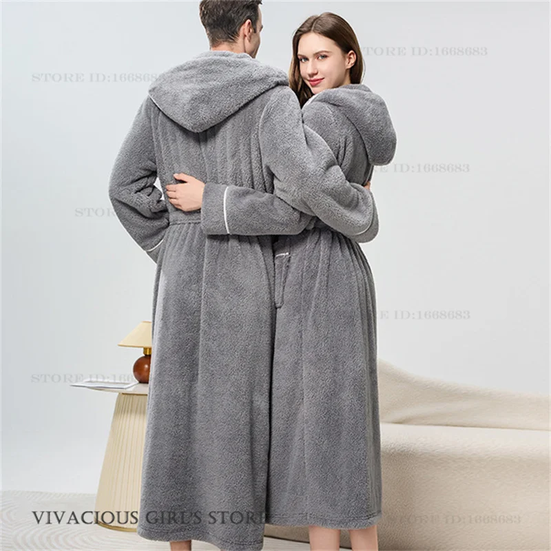 Winter New Coral Fleece Hooded Kimono Bathrobe Gown Thicken Flannel Couople Long Robe Sleepwear Casual Men Women Homewear Pajama